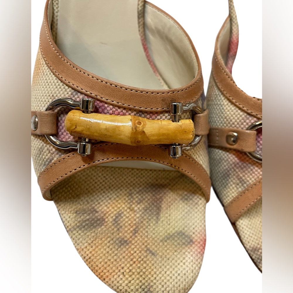 VANELI Tan/Beige Floral Canvas/Leather Slides Mules Heels Shoes - Size 8.5 Slim - Picture 3 of 16